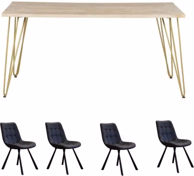 IH Design Dallas Mango Wood Rectangular Dining Table Set with 4 Chairs in Brown, Gold, Black and Beige