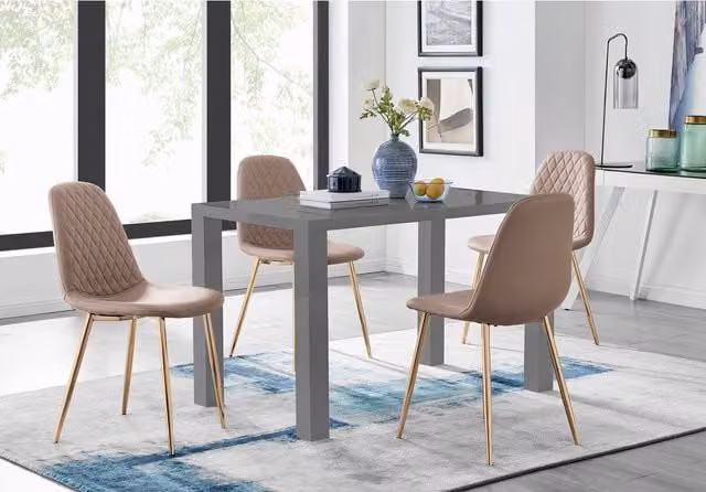 FurnitureboxUK Pivero Grey High Gloss Rectangular Dining Table and 4 Corona Gold Chairs in Cappuccino
