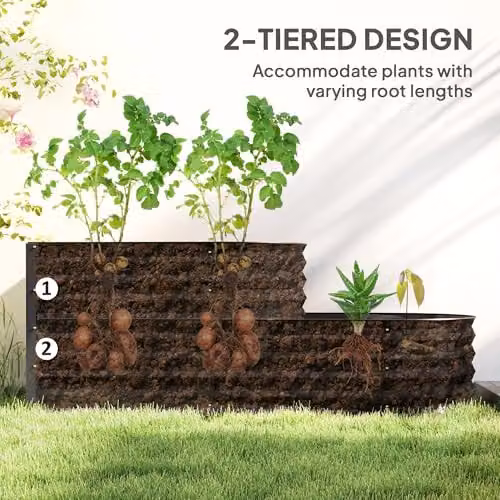Outsunny 2-Tier Metal Raised Garden Bed Planter Box in Grey – 3