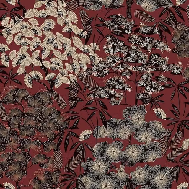 Grandeco Ciara Oriental Floral and Botanical Wallpaper in Burgundy, Green, Red and Gold