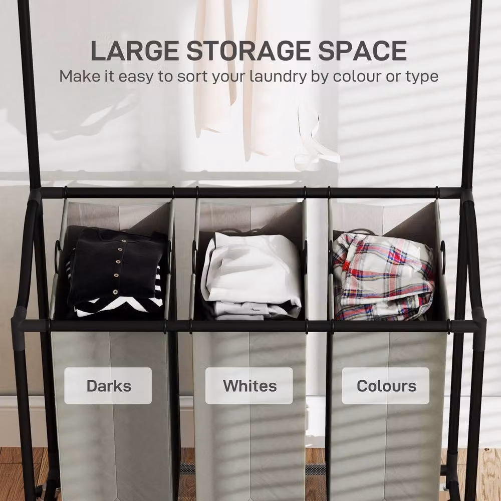 STILVORA Laundry Basket Unit with Hanging Rail and 3 Baskets in Grey – 3