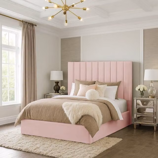 Desire Deco Valentina Upholstered Velvet Bed Frame, Pink, W: 200 cm x D: 200 cm