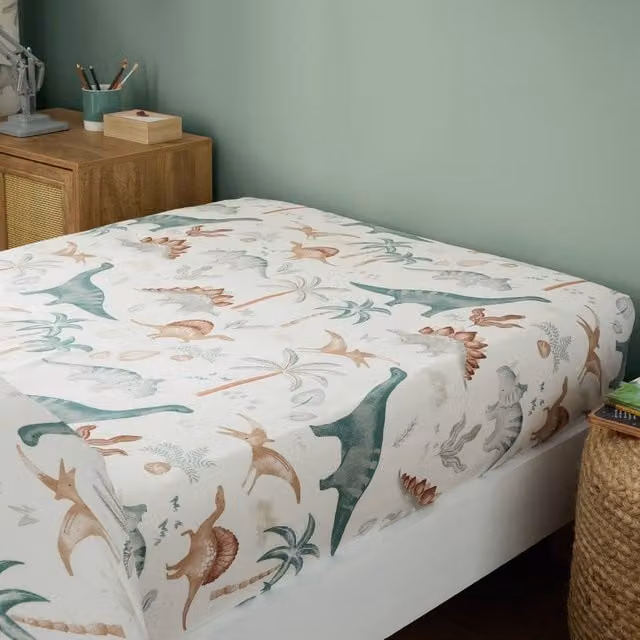 Happy Linen Company Scandi Saurus Dinosaurs Fitted Sheet in Ivory, W/D/H: 70 x 140 x 15 cm