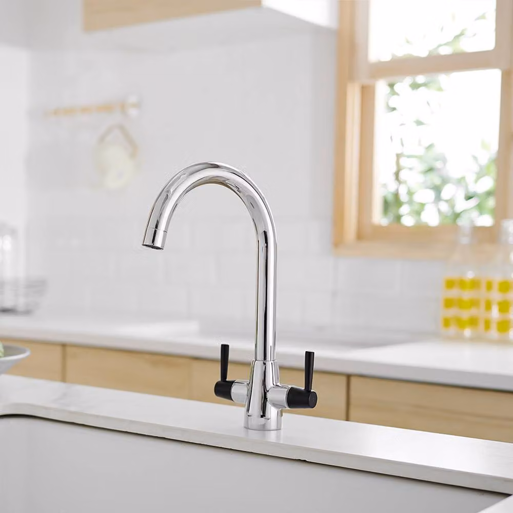 Heable Sleek Kitchen Mixer Tap with Dual Lever and Swivel Spout in Black and Silver Chrome Finish – 2