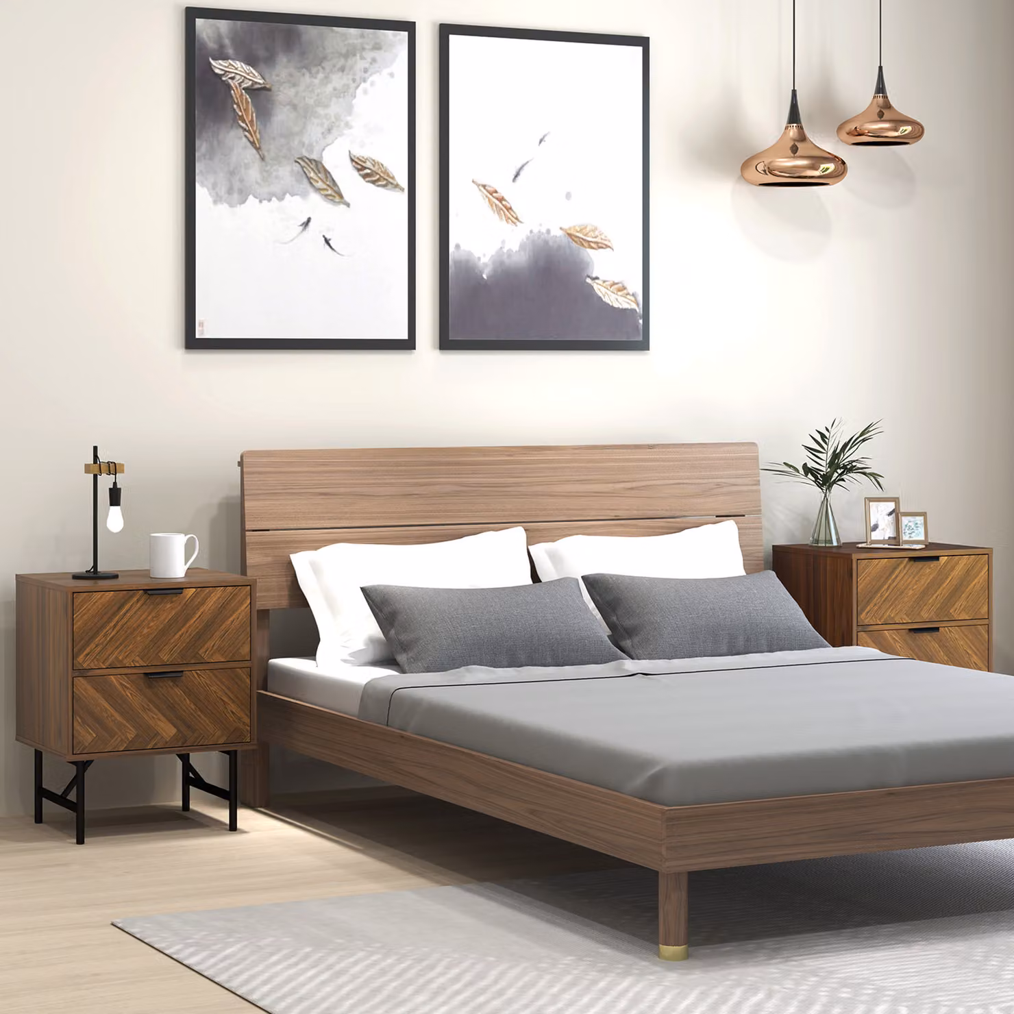 HOMCOM Set of 2 Modern Bedside Tables with 2 Drawers, Herringbone Pattern and Metal Legs, Walnut Brown – 2