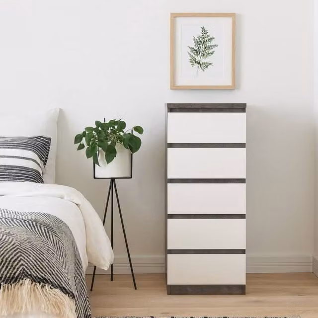 Wyld Haus Budapest Narrow 5 Drawer Chest of Drawers in White and Concrete Effect – 1