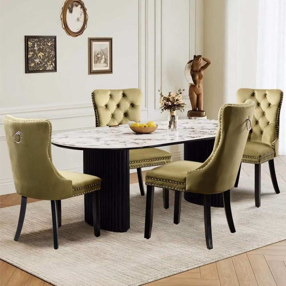 HomeTouch Romsey Set of 6 Green Velvet Upholstered Dining Chairs with Oak Legs and Knocker Ring Back – 3