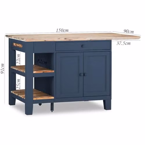 Statement Furniture Florence Kitchen Island with Cupboard, 2 Drawers and Shelves in Navy Blue, W: 150 cm, H: 91 cm, D: 90 cm – 2