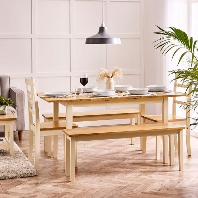 FurnitureboxUK Salcombe Cream Wooden Dining Set with Extending Rectangular Table, 2 Whitby Chairs and 2 Large Benches