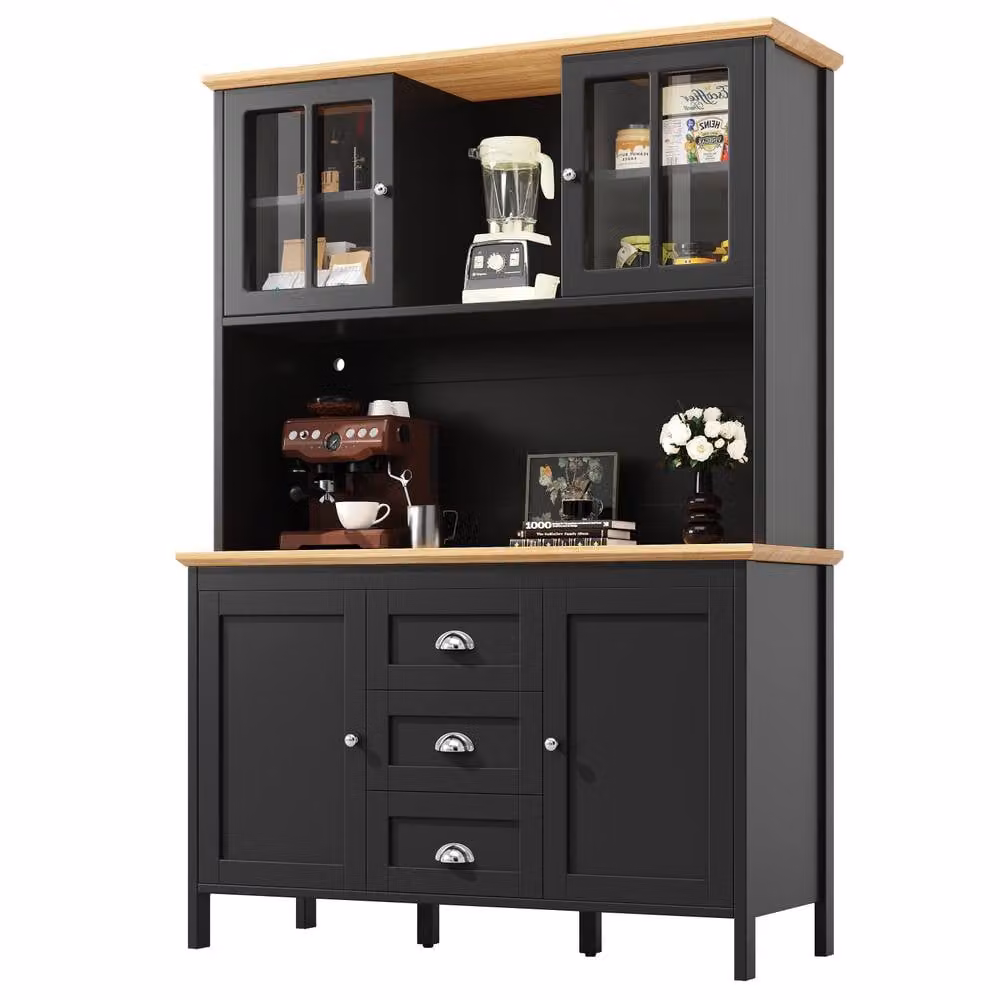 Merax Kitchen Pantry Cabinet in Black with Glass Doors and Drawers, H: 179 x W: 120 x D: 40 cm – 6