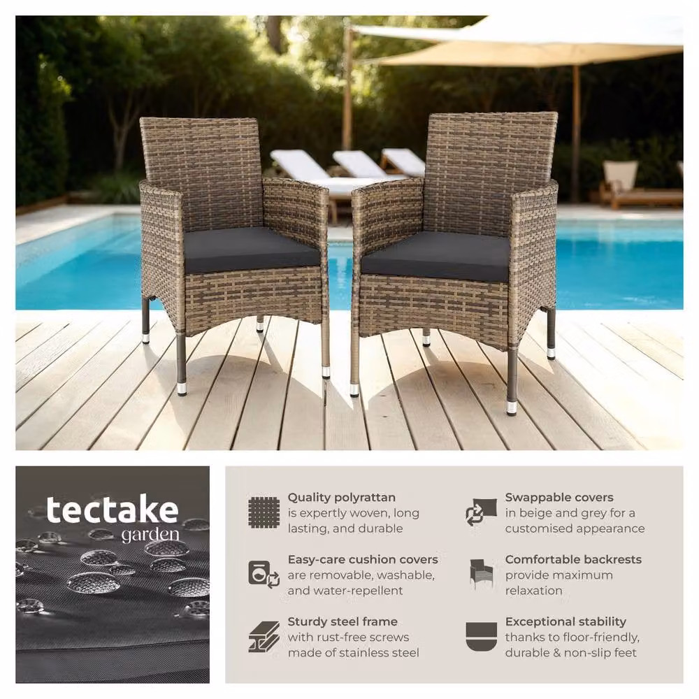 tectake Nantes Set of 2 Modern Grey Polyrattan Garden Chairs with Cushions and Weather Covers – 3