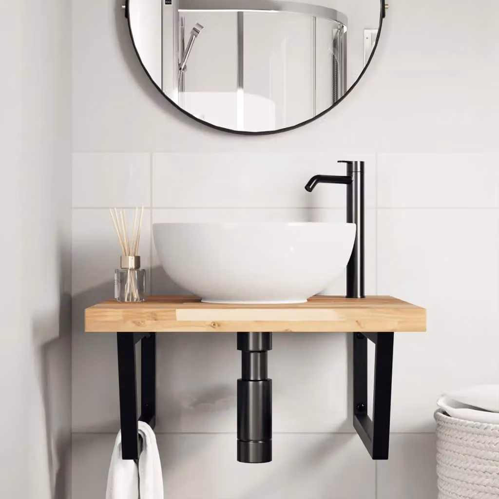 Berkfield Home Wall Mounted Basin Shelf in Brown Acacia Wood and Steel – 2