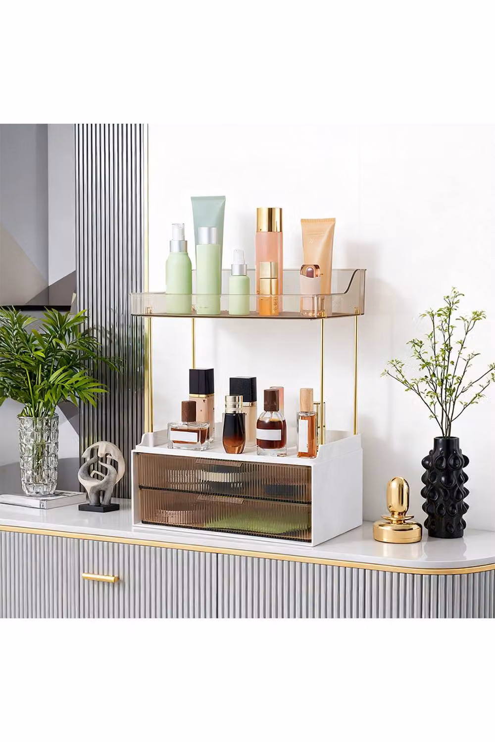 SHEONLY Desktop Makeup Storage Organiser with 2 Drawers in White and Gold – 2