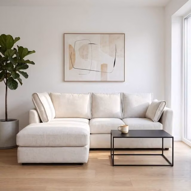 Abakus Direct Sydney Relaxed Linen Left Facing Corner Sofa with Plush Chaise in Beige – 1