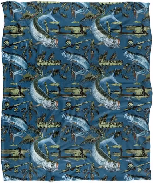 JQ Licensing Tarpon Tiki Fishing Pattern Super Soft Fleece Throw Blanket, White, W/D/H: 152 x 127 cm – 1