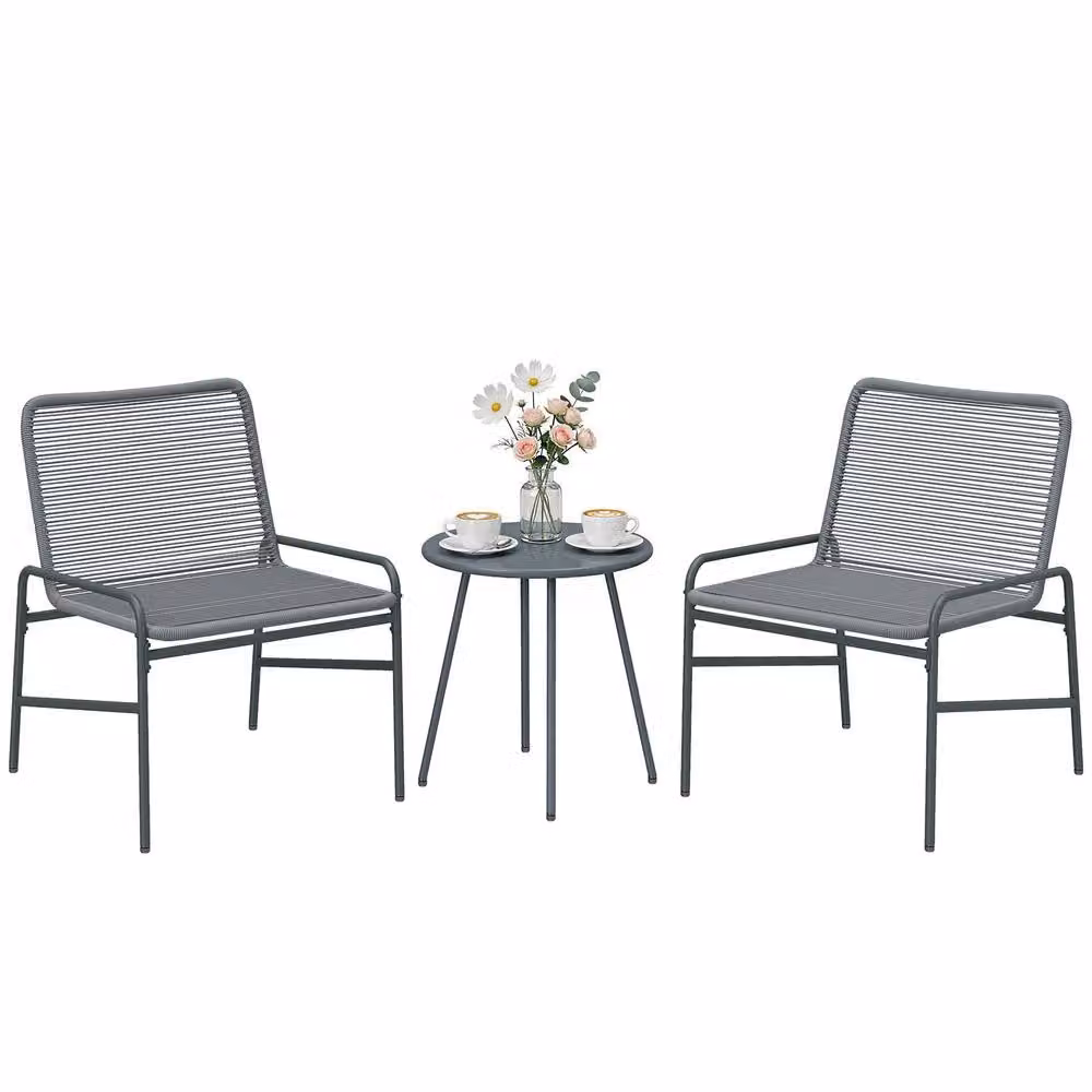 Outsunny 3 Piece Rattan Bistro Set with Round Table and 2 Chairs in Grey – 4