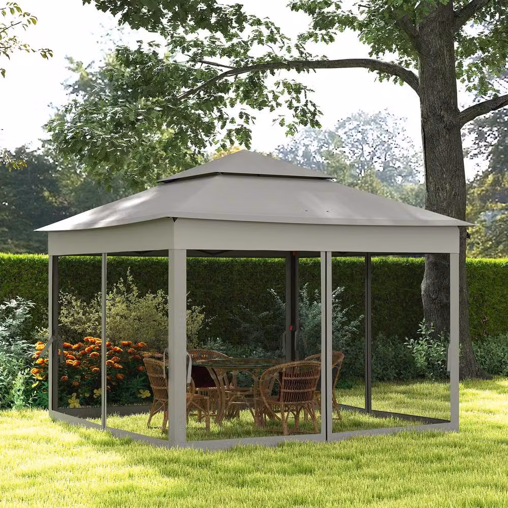 Rolipo Pop Up Gazebo with Double Roof and Netting, Dark Grey, W: 300 cm, D: 300 cm, H: 270 cm – 4