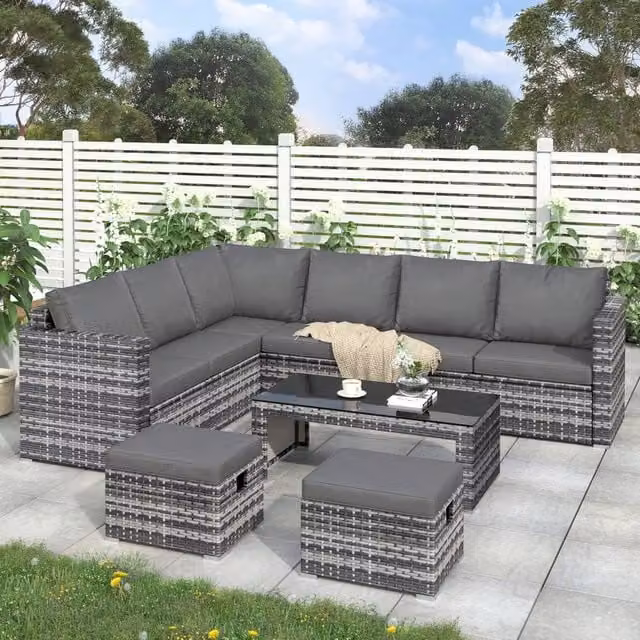 HomeTouch Grey 8 Seater Modern Rattan Garden Corner Sofa Set with Coffee Table