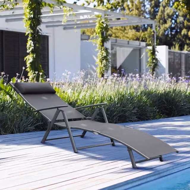 Outsunny Grey Sun Lounger Recliner with Adjustable Headrest and Microfibre Pillow