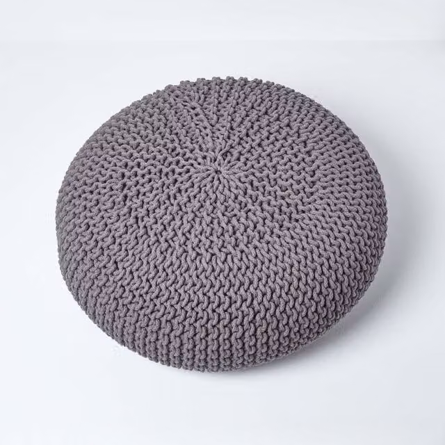 Homescapes Round Grey Cotton Knitted Pouffe, Diameter: 70 cm