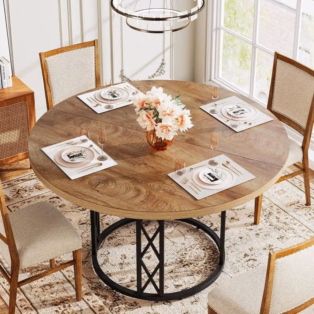VOGREX Industrial Round Dining Table in Beige, Diameter: 120 cm, Height: 75 cm – 5