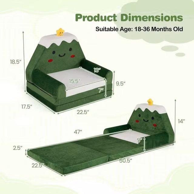 CASART 2-in-1 Childrens Kid Sofa to Lounger Fold Out Couch with Removable Cover, Green – 1