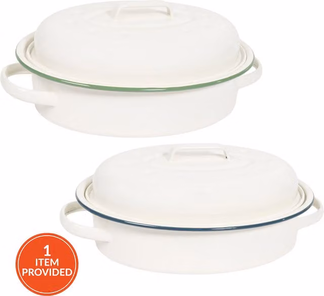 My Kitchen Round Enamel Lidded Carbon Steel Roasting Dish in White, Blue or Green