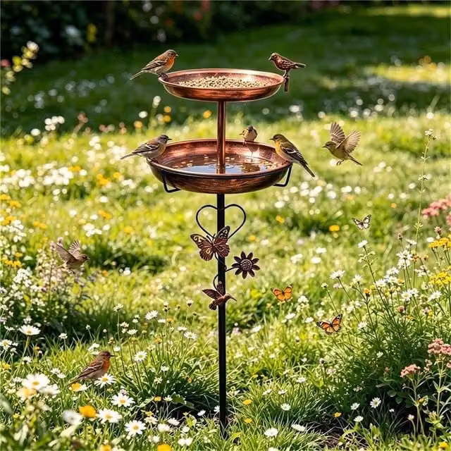 PAWNORA Metal Bird Bath with Double Round Trays in Brown