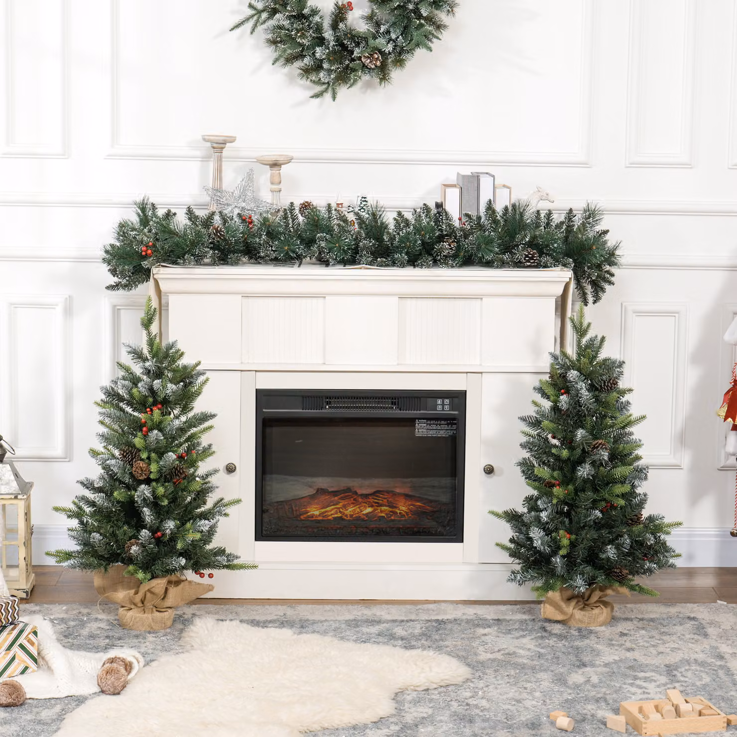 HOMCOM 2 Piece Green Tabletop Christmas Tree Set with Lights, Pine Cones and Red Berries, 3ft – 7
