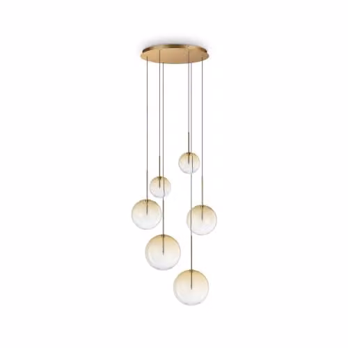 Ideal Lux Equinoxe 6 Light Cluster Pendant Ceiling Light with Amber Glass Spheres and Gold/Brass Metal Finish