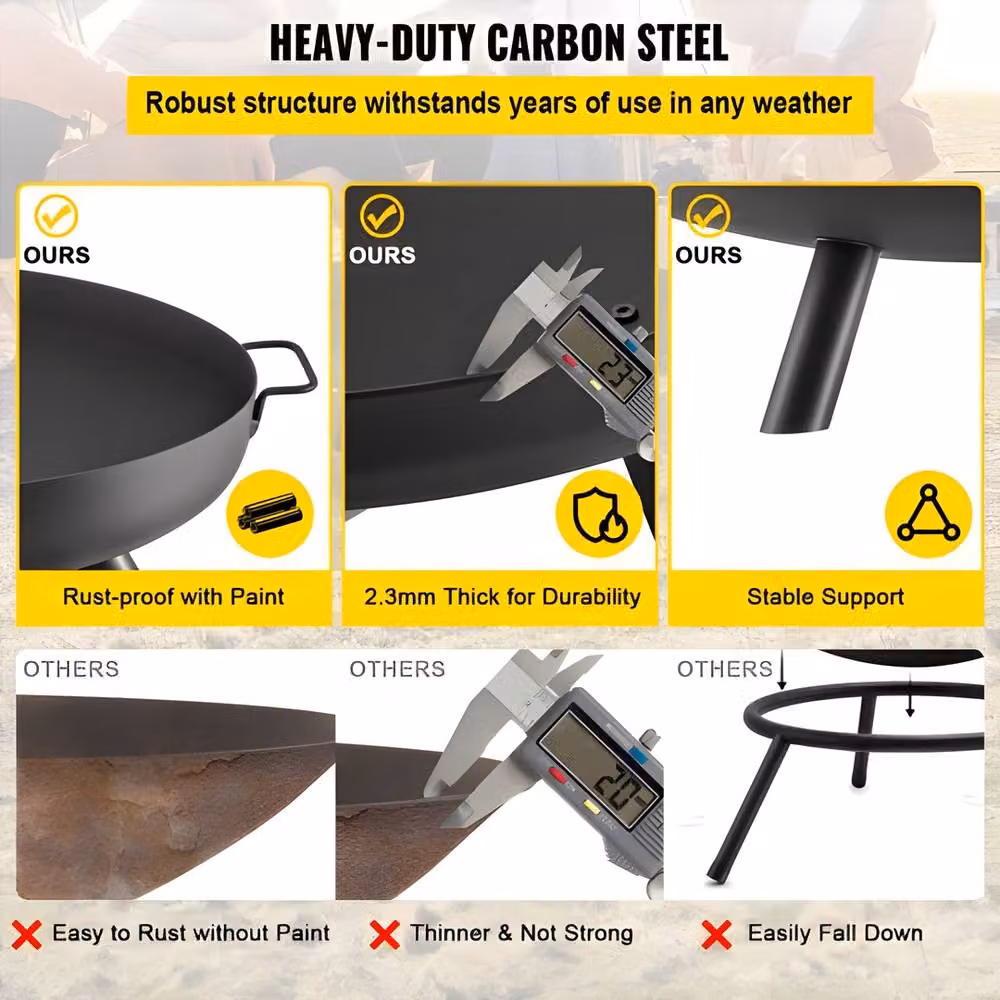 VEVOR Black Carbon Steel Round Fire Pit Bowl with Drain Hole and Portable Handles, Diameter: 76.2 cm – 2
