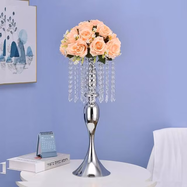 Livingandhome Silver Crystal Pendant Taper Candle Holder
