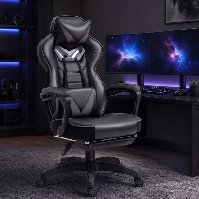 STILVORA Grey PU Leather Gaming Chair with Height Adjustable Swivel Function and Headrest
