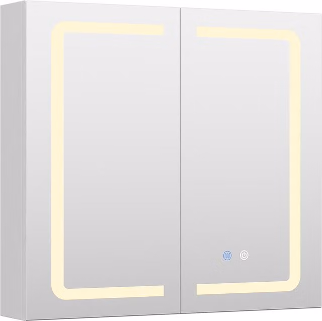 Livingandhome Modern Silver Double-Door Bathroom Mirror Cabinet with LED Lighting and Anti-Fog Feature