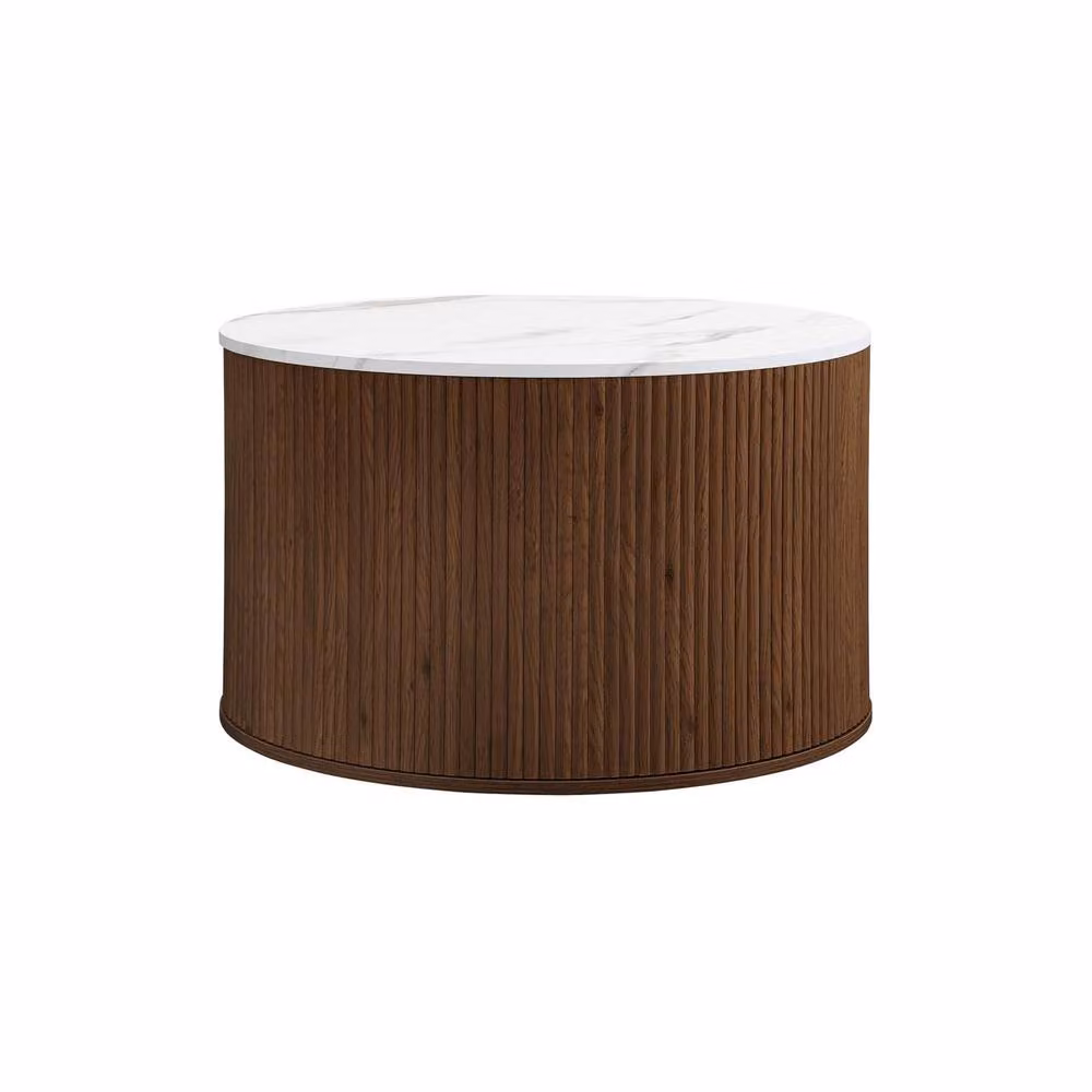 Birlea Kagu Round Coffee Table with Fluted Ribbed Walnut and Marble Effect in Brown – 6
