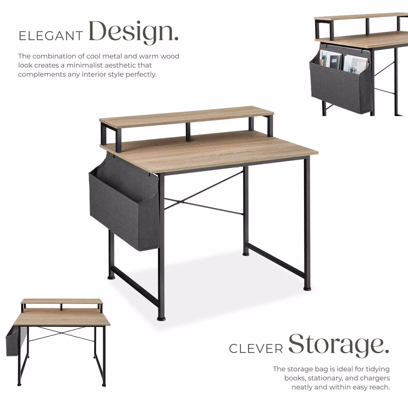tectake Industrial Desk with Shelving and Fabric Storage Bag in Oak, W/D/H: 120 x 60 x 110 cm – 3