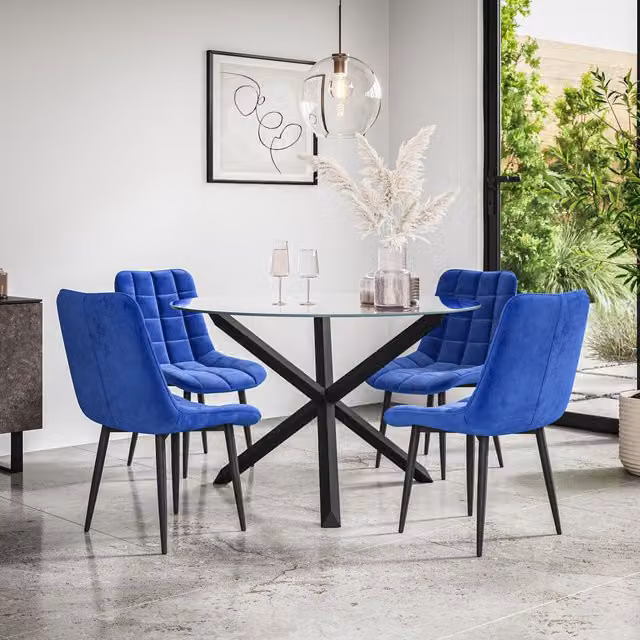 More4Homes Malvern Round Dining Table and 4 Nova Blue Velvet Dining Chairs Set with Clear Glass Top and Black Oak Legs, Diameter: 120 cm, Height: 75 cm