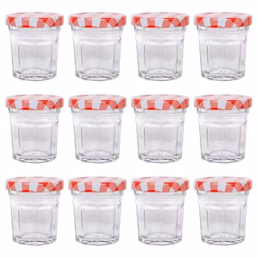 Argon Tableware Glass Jam Jars with Red Gingham Lids, Set of 12, 30ml