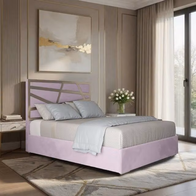 KDMD Fremington Double Velvet Upholstered Designer Bed Frame in Pink with Metal Details, W/D/H: 140 x 200 cm – 1