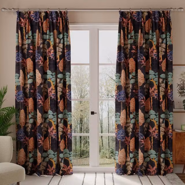 Linda Barker Cloud Tree Made to Measure Velvet Print Curtain in Pewter Grey and Multicolour