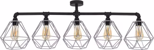 Luiggi Black 5 Way Industrial Metal Ceiling Bar Light with Grey Pendant Shades