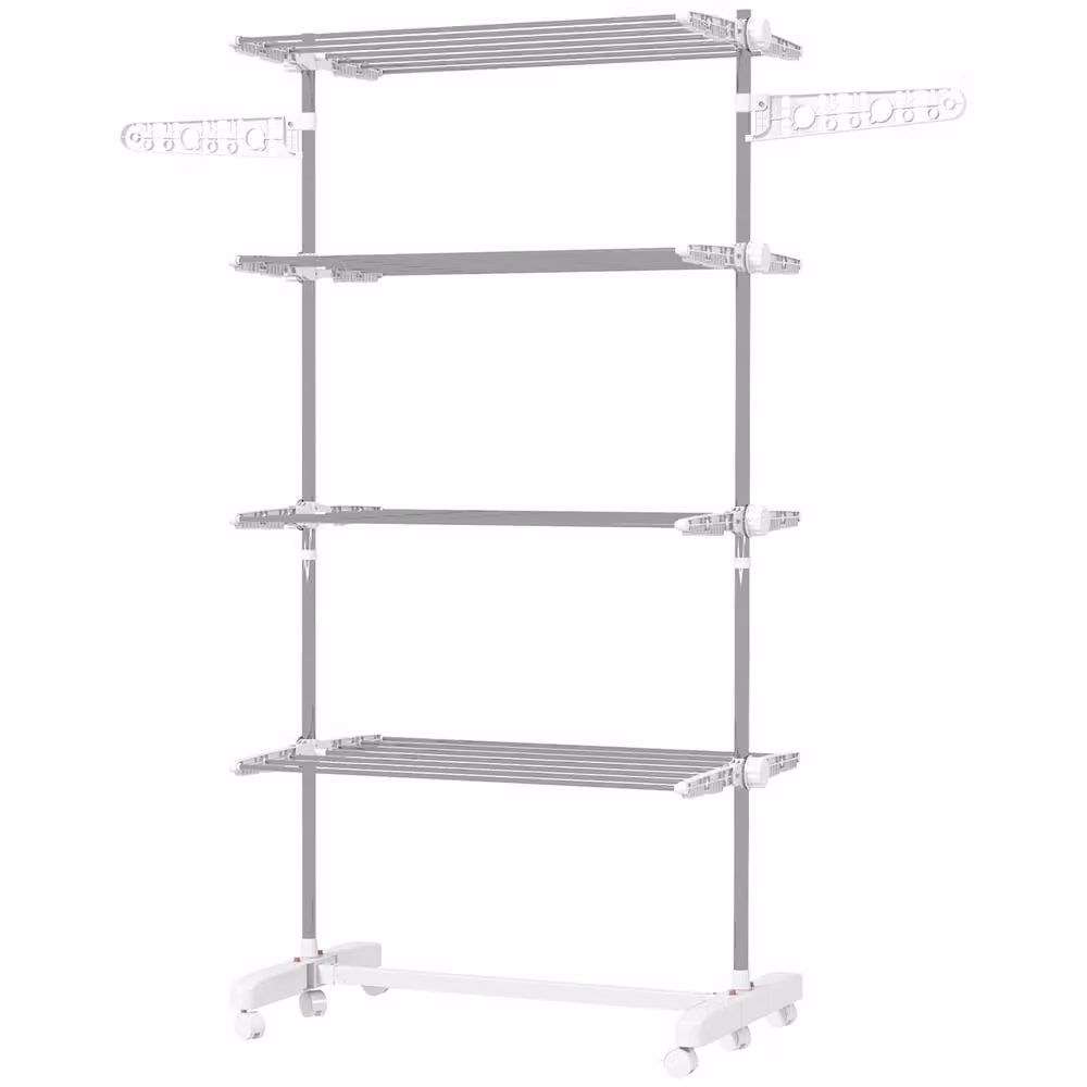 STILVORA Foldable Stainless Steel Clothes Airer with 4 Shelves and Wheels in White – 2