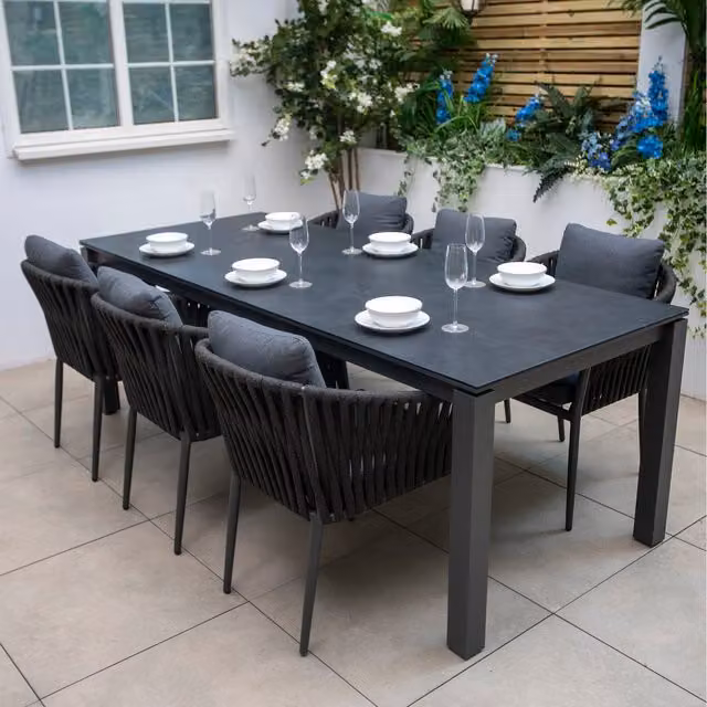 Bracken Outdoors Maldives 6 Seat Rectangular Rope Dining Set in Anthracite, W: 220 cm, D: 90 cm, H: 75 cm
