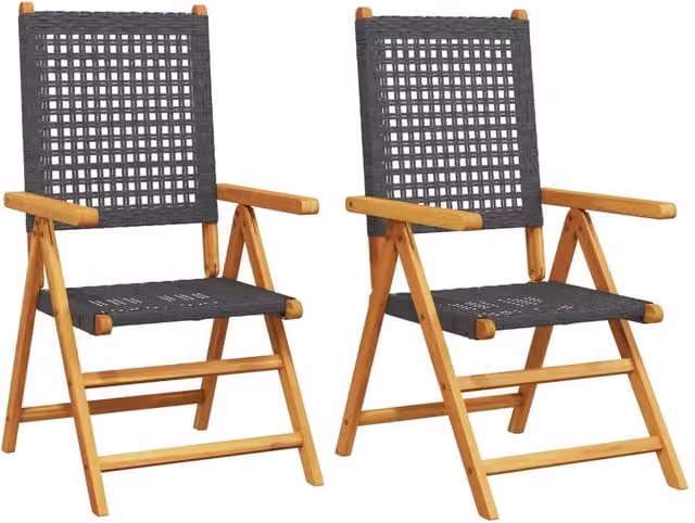 Berkfield Home Set of 2 Black Modern Garden Chairs with Acacia Wood Frame and Poly Rattan