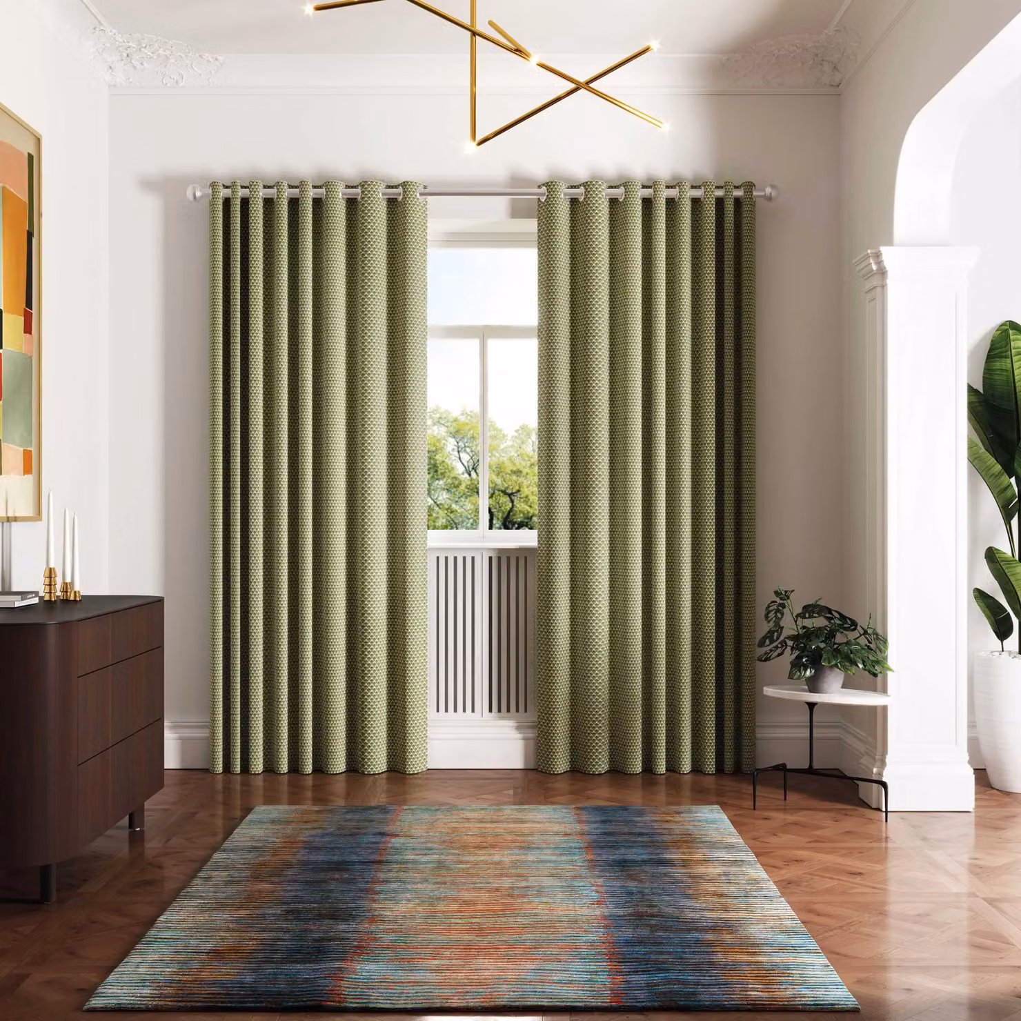 Ted Baker Palm Geo Cotton Lined Eyelet Curtains in Green and Silver, W: 167.64 cm, H: 228.6 cm – 2