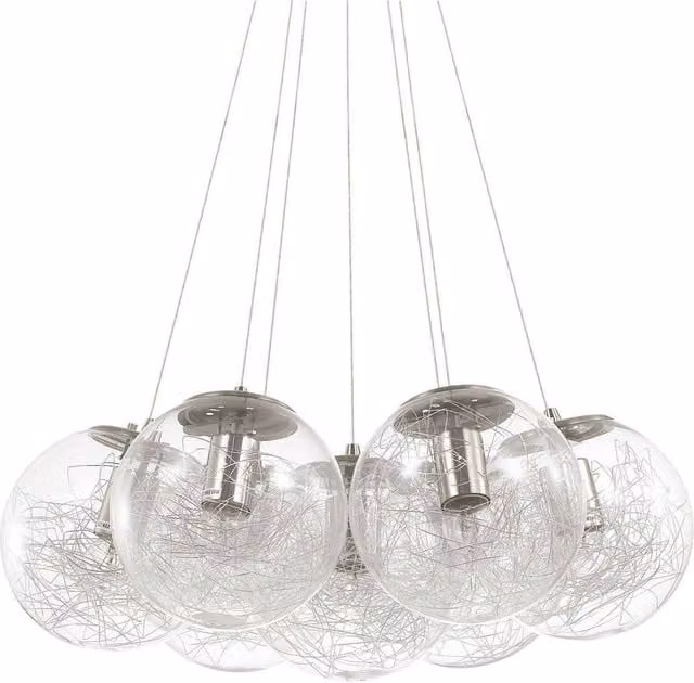 Ideal Lux Mapa 7 Light Cluster Suspended Ceiling Pendant with Transparent Glass Spheres in Silver and Grey