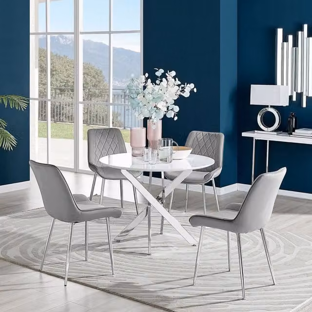 FurnitureboxUK Novara White High Gloss Round Dining Table with 4 Pesaro Silver Grey Chairs