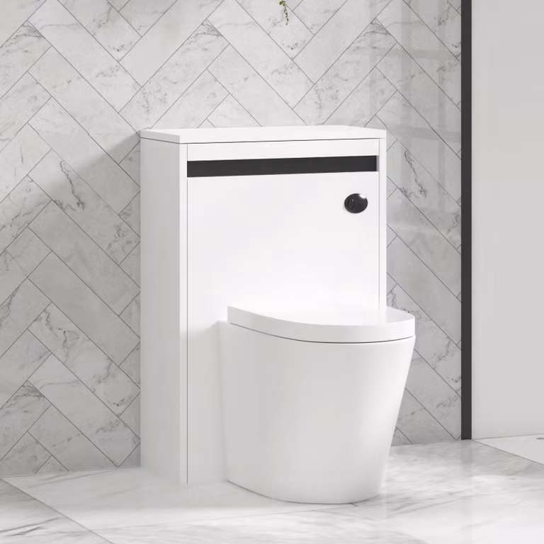Royal Bathrooms Orion 540mm Matt White Back to Wall WC Unit with Cesar Rimless Ceramic Toilet Pan, Seat and Cistern with Black Accent Trim