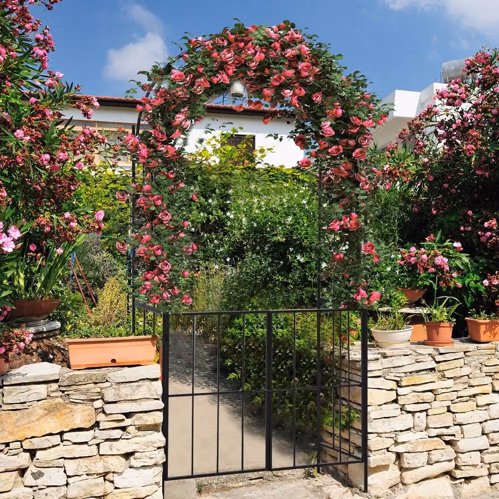 Costway Heavy-Duty Metal Garden Arch Arbor Trellis with Gate in Black, Height: 230 cm – 5