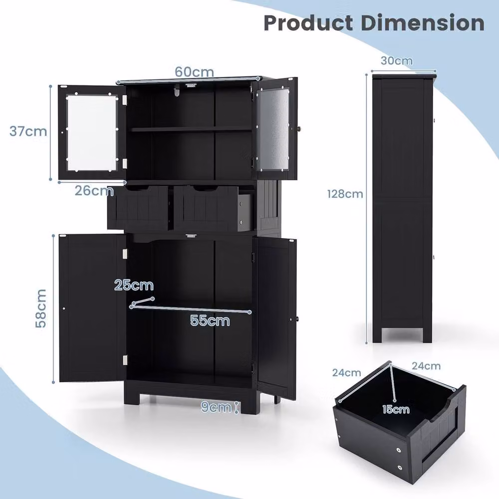 FORGEVIO Modern Freestanding Tall Bathroom Storage Cabinet in Black with Glass Doors and Internal Drawers, H: 128 cm, W: 60 cm, D: 25 cm – 2